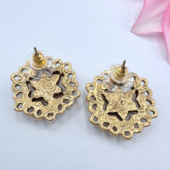 Vintage 1928 Crystal Rhinestone Filigree Lace Openwork Romantic Stud Earrings - Picture 7 of 9